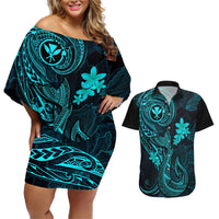Hawaii Couples Matching Off Shoulder Short Dress and Hawaiian Shirt Fish Hook Tattoo Mix Polynesian Plumeria Turquoise Version LT14 Turquoise - Polynesian Pride