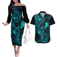Hawaii Couples Matching Off The Shoulder Long Sleeve Dress and Hawaiian Shirt Fish Hook Tattoo Mix Polynesian Plumeria Turquoise Version LT14 Turquoise - Polynesian Pride