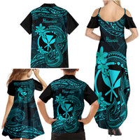 Hawaii Family Matching Summer Maxi Dress and Hawaiian Shirt Fish Hook Tattoo Mix Polynesian Plumeria Turquoise Version LT14 - Polynesian Pride