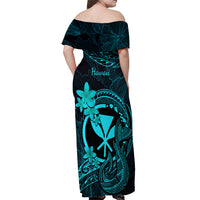 Hawaii Off Shoulder Maxi Dress Fish Hook Tattoo Mix Polynesian Plumeria Turquoise Version LT14 - Polynesian Pride
