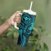 Hawaii Tumbler With Handle Fish Hook Tattoo Mix Polynesian Plumeria Turquoise Version