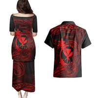 Hawaii Couples Matching Puletasi Dress and Hawaiian Shirt Fish Hook Tattoo Mix Polynesian Plumeria Red Version LT14 - Polynesian Pride