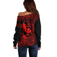 Hawaii Off Shoulder Sweater Fish Hook Tattoo Mix Polynesian Plumeria Red Version LT14 - Polynesian Pride