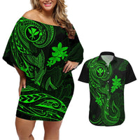 Hawaii Couples Matching Off Shoulder Short Dress and Hawaiian Shirt Fish Hook Tattoo Mix Polynesian Plumeria Green Version LT14 Green - Polynesian Pride