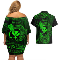 Hawaii Couples Matching Off Shoulder Short Dress and Hawaiian Shirt Fish Hook Tattoo Mix Polynesian Plumeria Green Version LT14 - Polynesian Pride