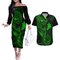 Hawaii Couples Matching Off The Shoulder Long Sleeve Dress and Hawaiian Shirt Fish Hook Tattoo Mix Polynesian Plumeria Green Version LT14 Green - Polynesian Pride