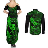 Hawaii Couples Matching Summer Maxi Dress and Long Sleeve Button Shirts Fish Hook Tattoo Mix Polynesian Plumeria Green Version LT14 - Polynesian Pride