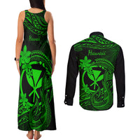 Hawaii Couples Matching Tank Maxi Dress and Long Sleeve Button Shirts Fish Hook Tattoo Mix Polynesian Plumeria Green Version LT14 - Polynesian Pride