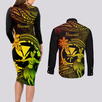 Hawaii Couples Matching Long Sleeve Bodycon Dress and Long Sleeve Button Shirts Hula Girl Mix Polynesian Plumeria Reggae Version LT14 - Polynesian Pride