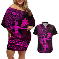 Hawaii Couples Matching Off Shoulder Short Dress and Hawaiian Shirt Hula Girl Mix Polynesian Plumeria Pink Version LT14 Pink - Polynesian Pride