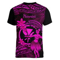 Hawaii Women V Neck T Shirt Hula Girl Mix Polynesian Plumeria Pink Version LT14 - Polynesian Pride