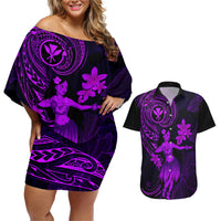Hawaii Couples Matching Off Shoulder Short Dress and Hawaiian Shirt Hula Girl Mix Polynesian Plumeria Purple Version LT14 Purple - Polynesian Pride