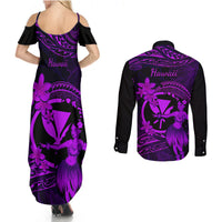 Hawaii Couples Matching Summer Maxi Dress and Long Sleeve Button Shirts Hula Girl Mix Polynesian Plumeria Purple Version LT14 - Polynesian Pride