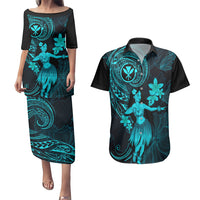 Hawaii Couples Matching Puletasi Dress and Hawaiian Shirt Hula Girl Mix Polynesian Plumeria Turquoise Version LT14 Turquoise - Polynesian Pride