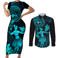 Hawaii Couples Matching Short Sleeve Bodycon Dress and Long Sleeve Button Shirts Hula Girl Mix Polynesian Plumeria Turquoise Version LT14 Turquoise - Polynesian Pride