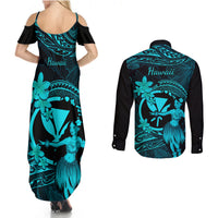 Hawaii Couples Matching Summer Maxi Dress and Long Sleeve Button Shirts Hula Girl Mix Polynesian Plumeria Turquoise Version LT14 - Polynesian Pride