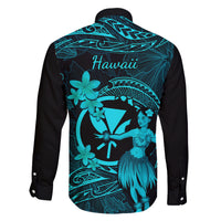 Hawaii Family Matching Off Shoulder Long Sleeve Dress and Hawaiian Shirt Hula Girl Mix Polynesian Plumeria Turquoise Version LT14 - Polynesian Pride