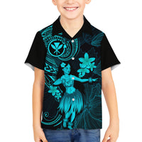 Hawaii Family Matching Off Shoulder Long Sleeve Dress and Hawaiian Shirt Hula Girl Mix Polynesian Plumeria Turquoise Version LT14 Son's Shirt Turquoise - Polynesian Pride