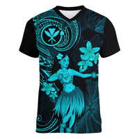 Hawaii Women V Neck T Shirt Hula Girl Mix Polynesian Plumeria Turquoise Version LT14 Female Turquoise - Polynesian Pride