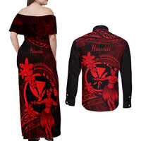 Hawaii Couples Matching Off Shoulder Maxi Dress and Long Sleeve Button Shirts Hula Girl Mix Polynesian Plumeria Red Version LT14 - Polynesian Pride