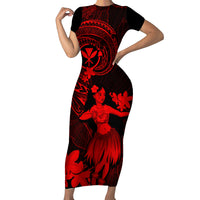 Hawaii Short Sleeve Bodycon Dress Hula Girl Mix Polynesian Plumeria Red Version LT14 Long Dress Red - Polynesian Pride