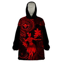 Hawaii Wearable Blanket Hoodie Hula Girl Mix Polynesian Plumeria Red Version LT14 One Size Red - Polynesian Pride