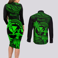 Hawaii Couples Matching Long Sleeve Bodycon Dress and Long Sleeve Button Shirts Hula Girl Mix Polynesian Plumeria Green Version LT14 - Polynesian Pride