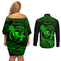 Hawaii Couples Matching Off Shoulder Short Dress and Long Sleeve Button Shirts Hula Girl Mix Polynesian Plumeria Green Version LT14 - Polynesian Pride
