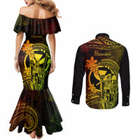 Hawaii Couples Matching Mermaid Dress and Long Sleeve Button Shirts King Kamehameha Mix Polynesian Plumeria Reggae Version LT14 - Polynesian Pride