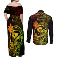 Hawaii Couples Matching Off Shoulder Maxi Dress and Long Sleeve Button Shirts King Kamehameha Mix Polynesian Plumeria Reggae Version LT14 - Polynesian Pride