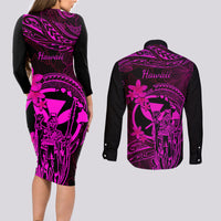 Hawaii Couples Matching Long Sleeve Bodycon Dress and Long Sleeve Button Shirts King Kamehameha Mix Polynesian Plumeria Pink Version LT14 - Polynesian Pride