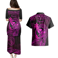 Hawaii Couples Matching Puletasi Dress and Hawaiian Shirt King Kamehameha Mix Polynesian Plumeria Pink Version LT14 - Polynesian Pride