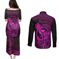 Hawaii Couples Matching Puletasi Dress and Long Sleeve Button Shirts King Kamehameha Mix Polynesian Plumeria Pink Version LT14 - Polynesian Pride