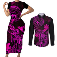 Hawaii Couples Matching Short Sleeve Bodycon Dress and Long Sleeve Button Shirts King Kamehameha Mix Polynesian Plumeria Pink Version LT14 Pink - Polynesian Pride