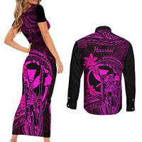 Hawaii Couples Matching Short Sleeve Bodycon Dress and Long Sleeve Button Shirts King Kamehameha Mix Polynesian Plumeria Pink Version LT14 - Polynesian Pride