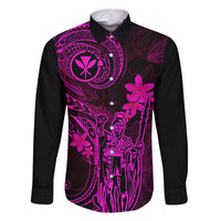 Hawaii Family Matching Tank Maxi Dress and Hawaiian Shirt King Kamehameha Mix Polynesian Plumeria Pink Version LT14 Dad's Shirt - Long Sleeve Pink - Polynesian Pride