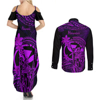 Hawaii Couples Matching Summer Maxi Dress and Long Sleeve Button Shirts King Kamehameha Mix Polynesian Plumeria Purple Version LT14 - Polynesian Pride