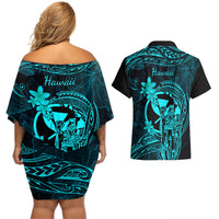Hawaii Couples Matching Off Shoulder Short Dress and Hawaiian Shirt King Kamehameha Mix Polynesian Plumeria Turquoise Version LT14 - Polynesian Pride