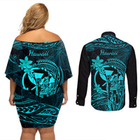 Hawaii Couples Matching Off Shoulder Short Dress and Long Sleeve Button Shirts King Kamehameha Mix Polynesian Plumeria Turquoise Version LT14 - Polynesian Pride