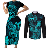 Hawaii Couples Matching Short Sleeve Bodycon Dress and Long Sleeve Button Shirts King Kamehameha Mix Polynesian Plumeria Turquoise Version LT14 Turquoise - Polynesian Pride