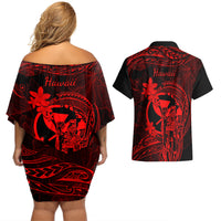 Hawaii Couples Matching Off Shoulder Short Dress and Hawaiian Shirt King Kamehameha Mix Polynesian Plumeria Red Version LT14 - Polynesian Pride