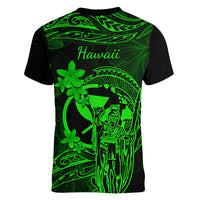 Hawaii Women V Neck T Shirt King Kamehameha Mix Polynesian Plumeria Green Version LT14 - Polynesian Pride