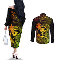 Hawaii Couples Matching Off The Shoulder Long Sleeve Dress and Long Sleeve Button Shirts Pineapple Mix Polynesian Plumeria Reggae Version LT14 - Polynesian Pride