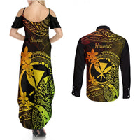 Hawaii Couples Matching Summer Maxi Dress and Long Sleeve Button Shirts Pineapple Mix Polynesian Plumeria Reggae Version LT14 - Polynesian Pride