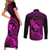 Hawaii Couples Matching Short Sleeve Bodycon Dress and Long Sleeve Button Shirts Pineapple Mix Polynesian Plumeria Pink Version LT14 - Polynesian Pride