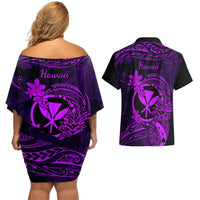 Hawaii Couples Matching Off Shoulder Short Dress and Hawaiian Shirt Pineapple Mix Polynesian Plumeria Purple Version LT14 - Polynesian Pride