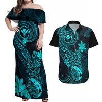 Hawaii Couples Matching Off Shoulder Maxi Dress and Hawaiian Shirt Pineapple Mix Polynesian Plumeria Turquoise Version LT14 Turquoise - Polynesian Pride