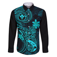 Hawaii Family Matching Off Shoulder Long Sleeve Dress and Hawaiian Shirt Pineapple Mix Polynesian Plumeria Turquoise Version LT14 Dad's Shirt - Long Sleeve Turquoise - Polynesian Pride