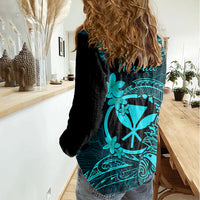 Hawaii Women Casual Shirt Pineapple Mix Polynesian Plumeria Turquoise Version LT14 - Polynesian Pride