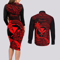 Hawaii Couples Matching Long Sleeve Bodycon Dress and Long Sleeve Button Shirts Pineapple Mix Polynesian Plumeria Red Version LT14 - Polynesian Pride